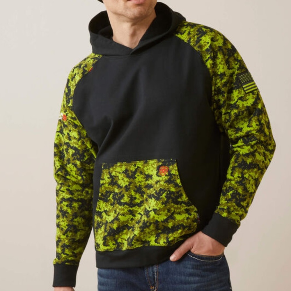 NWT Ariat XL FR DuraStretch Patriot Hoodie Camo Logo Embroidery Neon Green